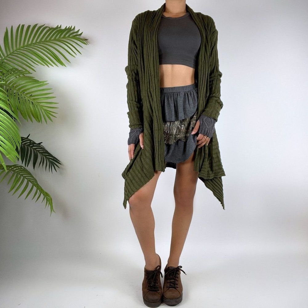 Vintage Y2K Green Fairy Grunge Ribbed Oversized Knit Sweater Cardigan / Size: 1X